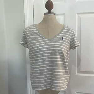 Polo Ralph Lauren striped short sleeve V-neck top 100% cotton gray white women L